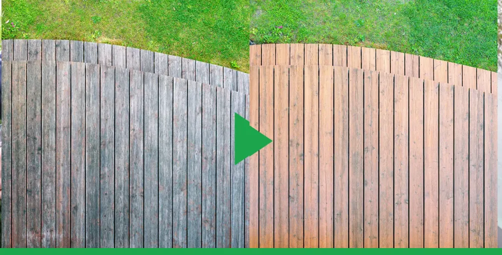 Wooden fence before and after cleaning with Qinux WaterBlitz